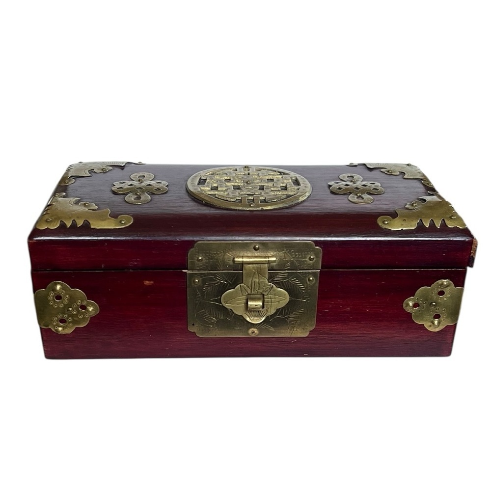 Vintage Chinese Rosewood Etched Brass Jewelry Box